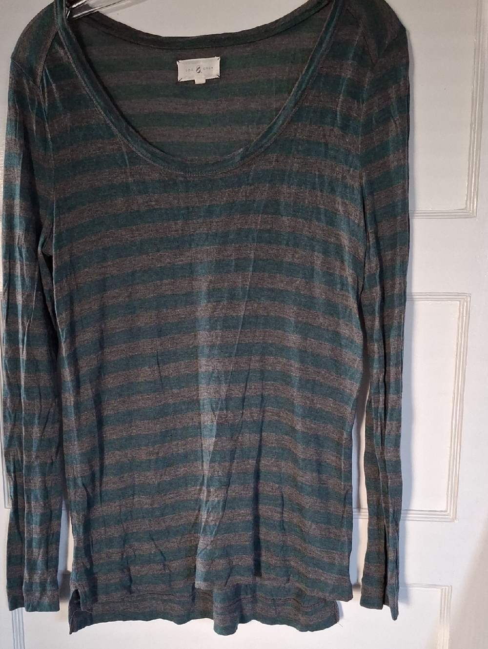 Lou & Grey Striped Scoop-Neck Long Sleeve Tee in Teal and Gray